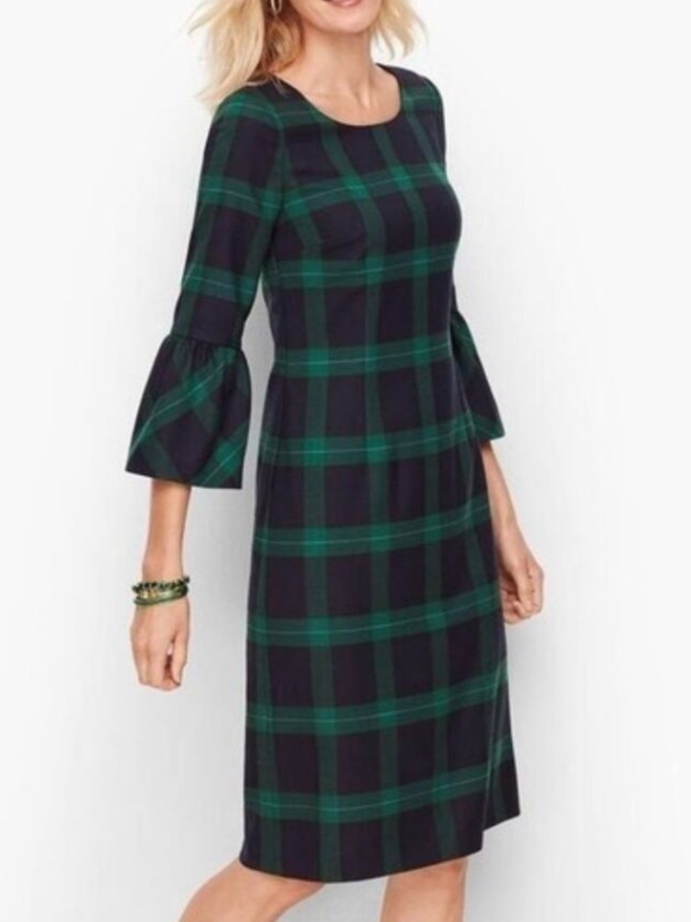 Talbots Wool Navy Blue Green Watch Plaid Flounce Bell Sleeve Shift Dress Size 12